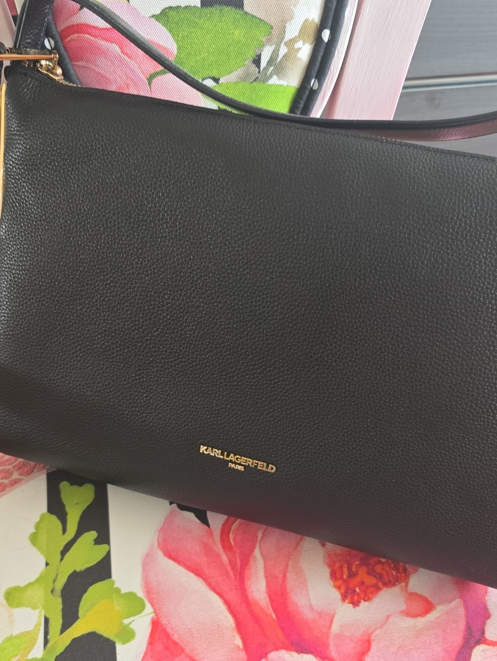 Karl Lagerfeld Paris Valerie Black Pebbled Leather Large Hobo Bag with Gold Logo